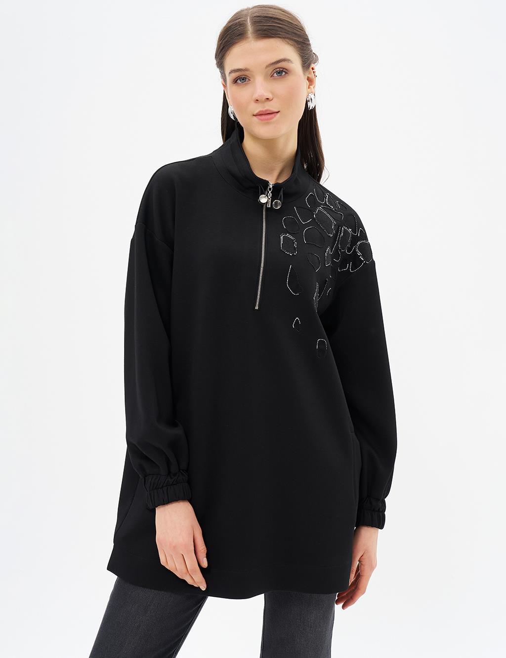 Embroidery Appliqued Scuba Tunic Black