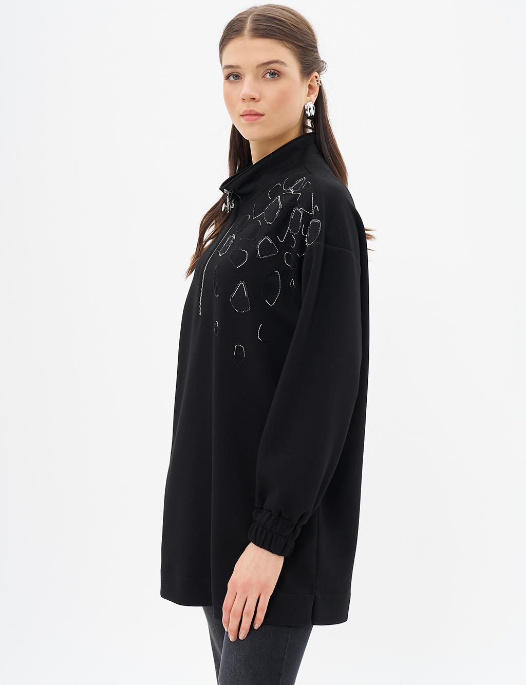 Embroidery Appliqued Scuba Tunic Black