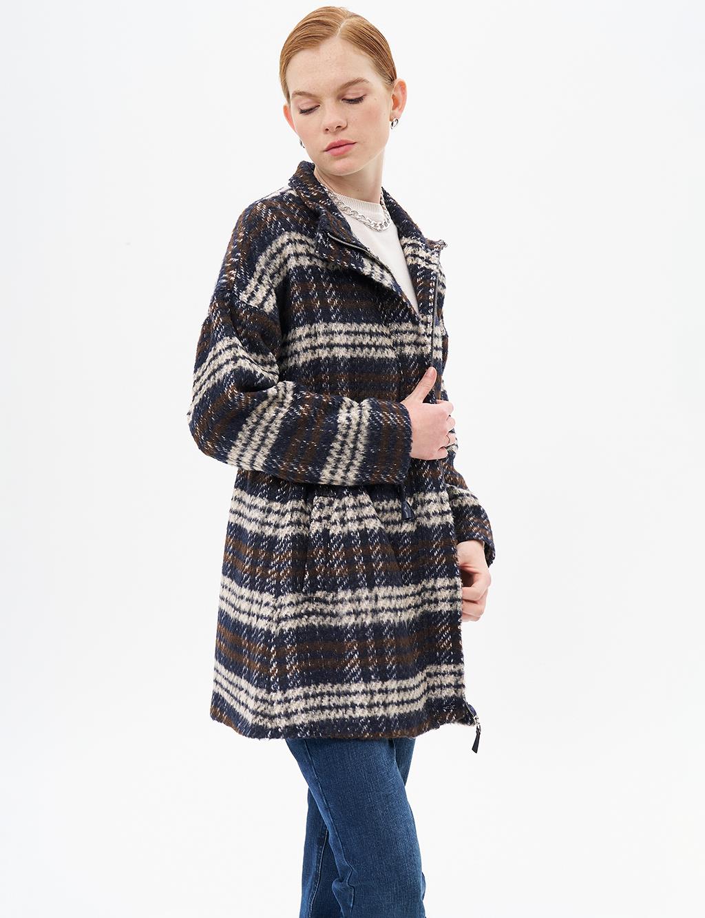 Waist Drawstring Plaid Coat Navy Blue