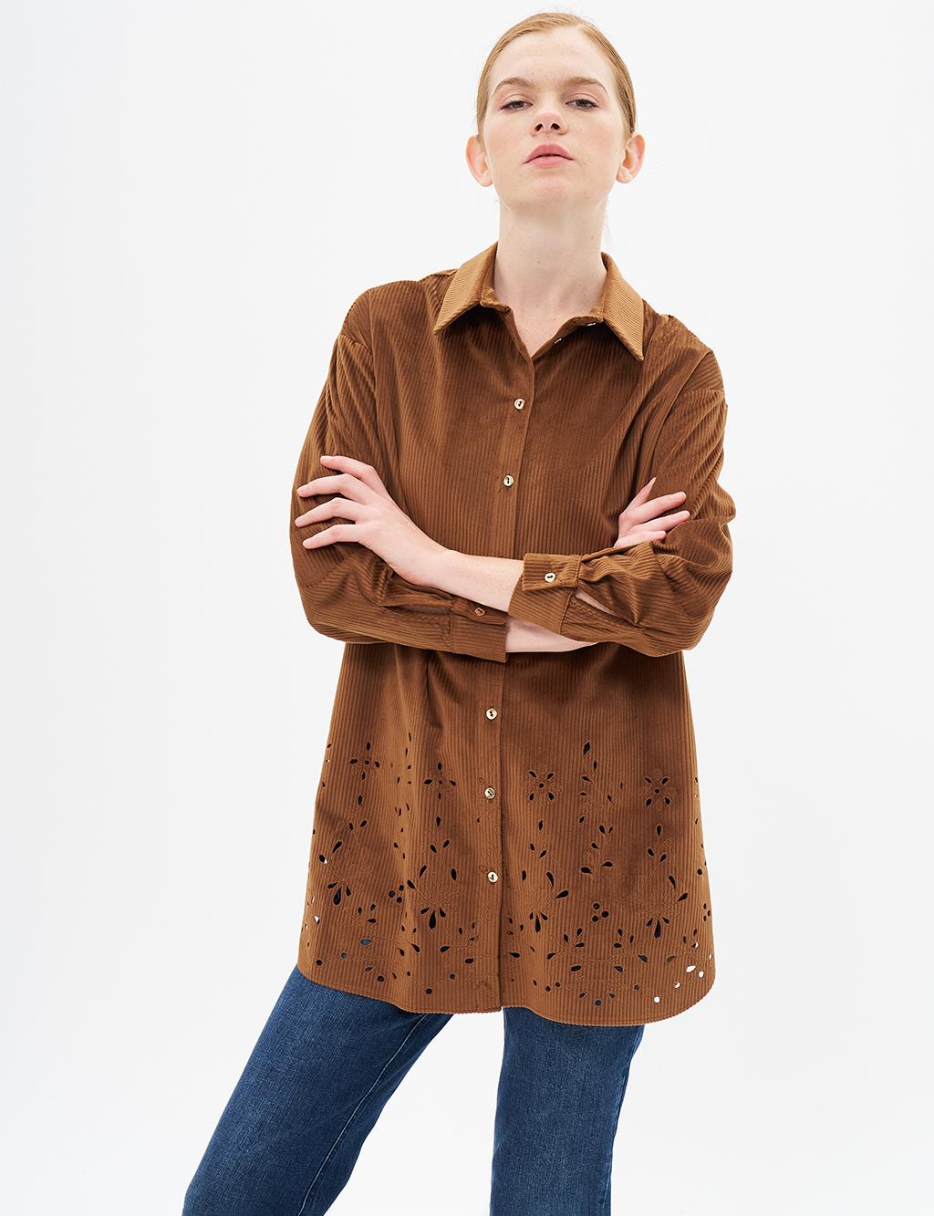 Laser Cut Velvet Tunic Camel