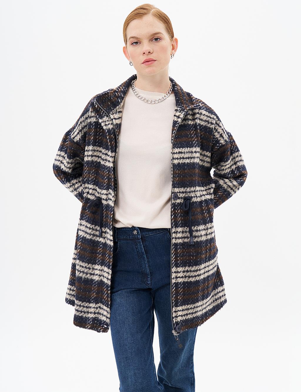 Waist Drawstring Plaid Coat Navy Blue