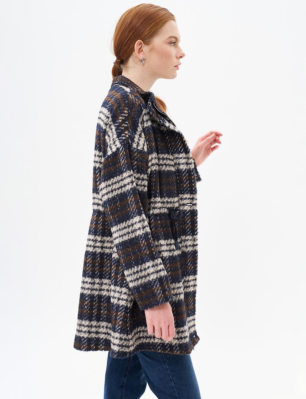 Waist Drawstring Plaid Coat Navy Blue