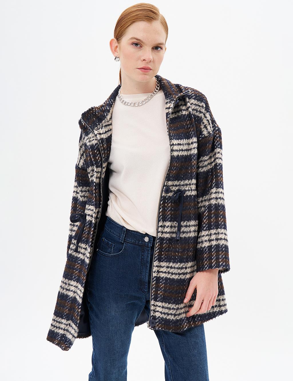 Waist Drawstring Plaid Coat Navy Blue