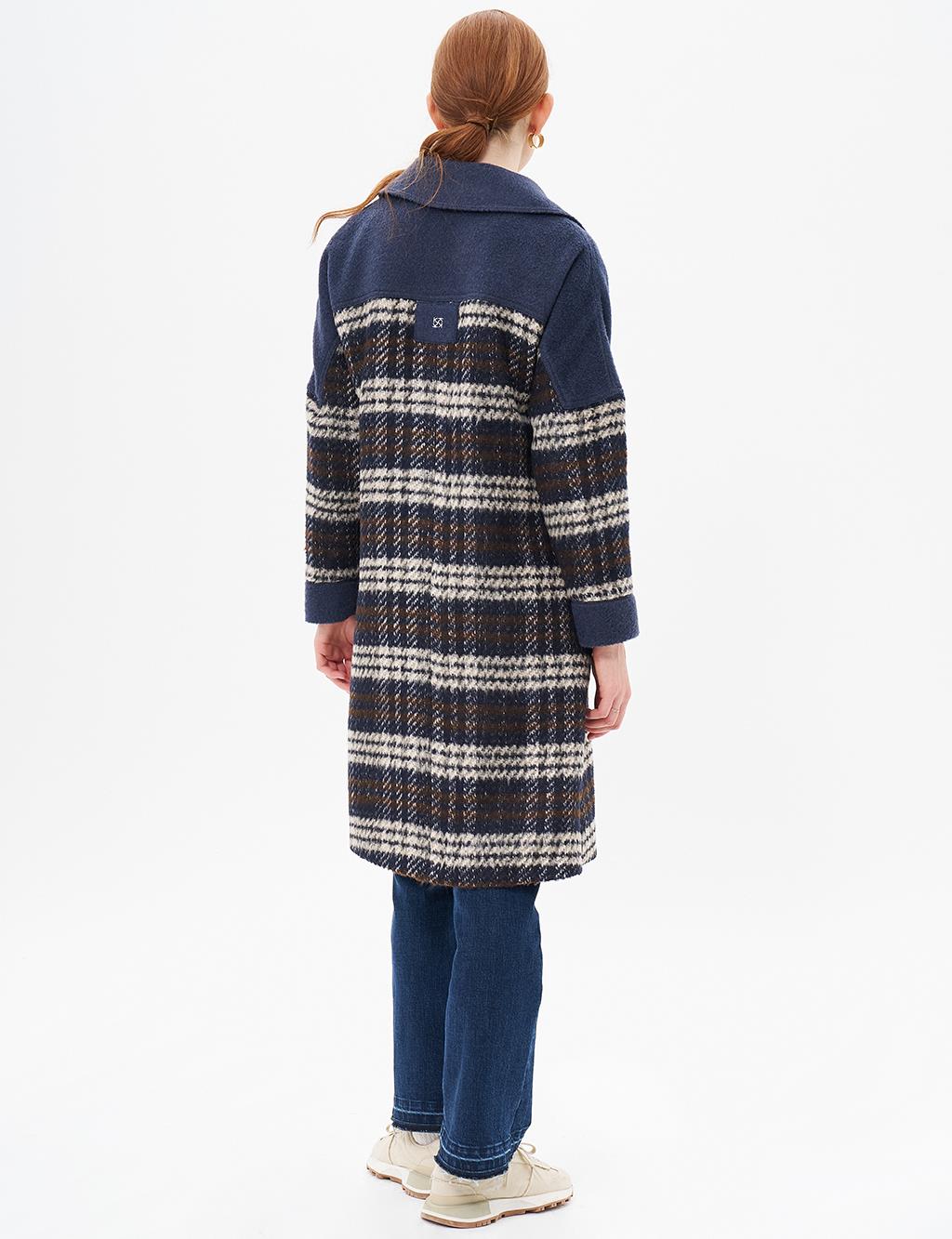 Garnished Plaid Coat Navy Blue