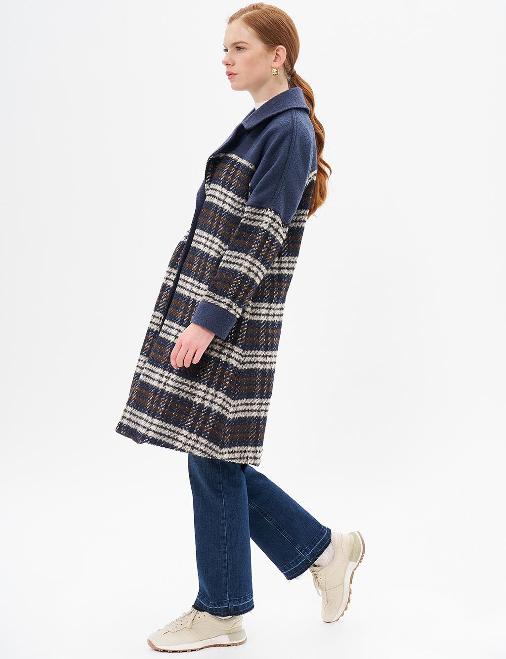 Garnished Plaid Coat Navy Blue