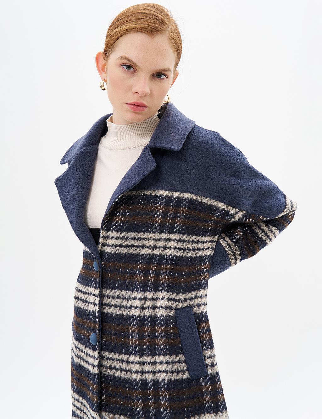 Garnished Plaid Coat Navy Blue