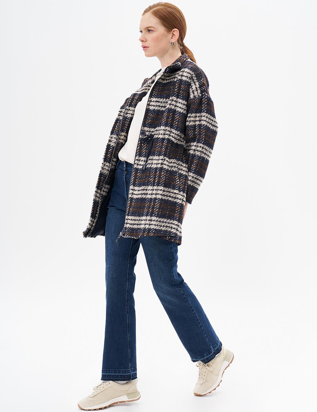 Waist Drawstring Plaid Coat Navy Blue