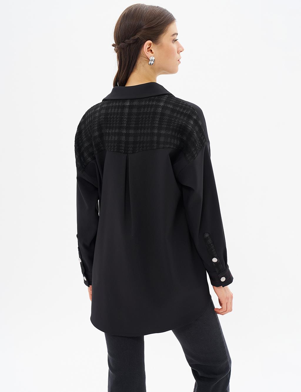 Houndstooth Garnished Zipper Closure Tunic Black