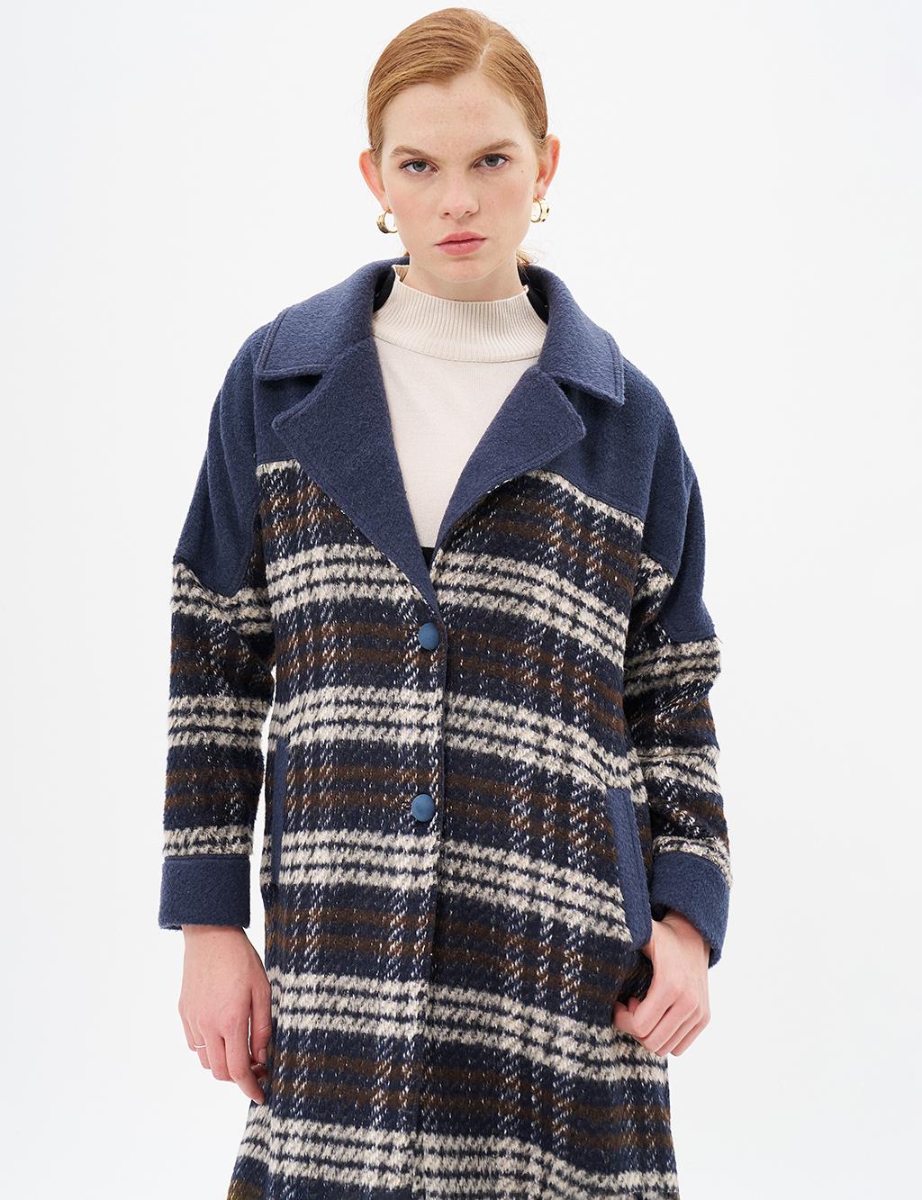 Garnished Plaid Coat Navy Blue