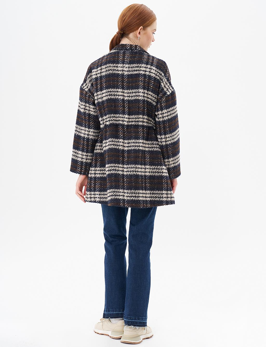 Waist Drawstring Plaid Coat Navy Blue