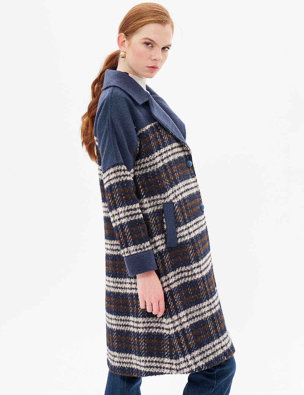 Garnished Plaid Coat Navy Blue