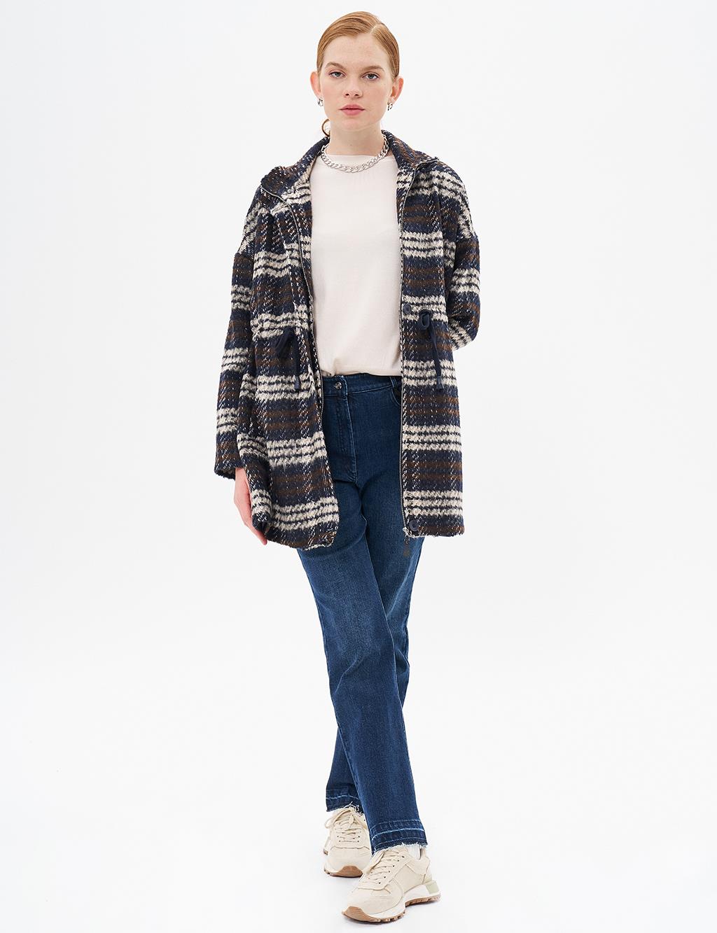 Waist Drawstring Plaid Coat Navy Blue