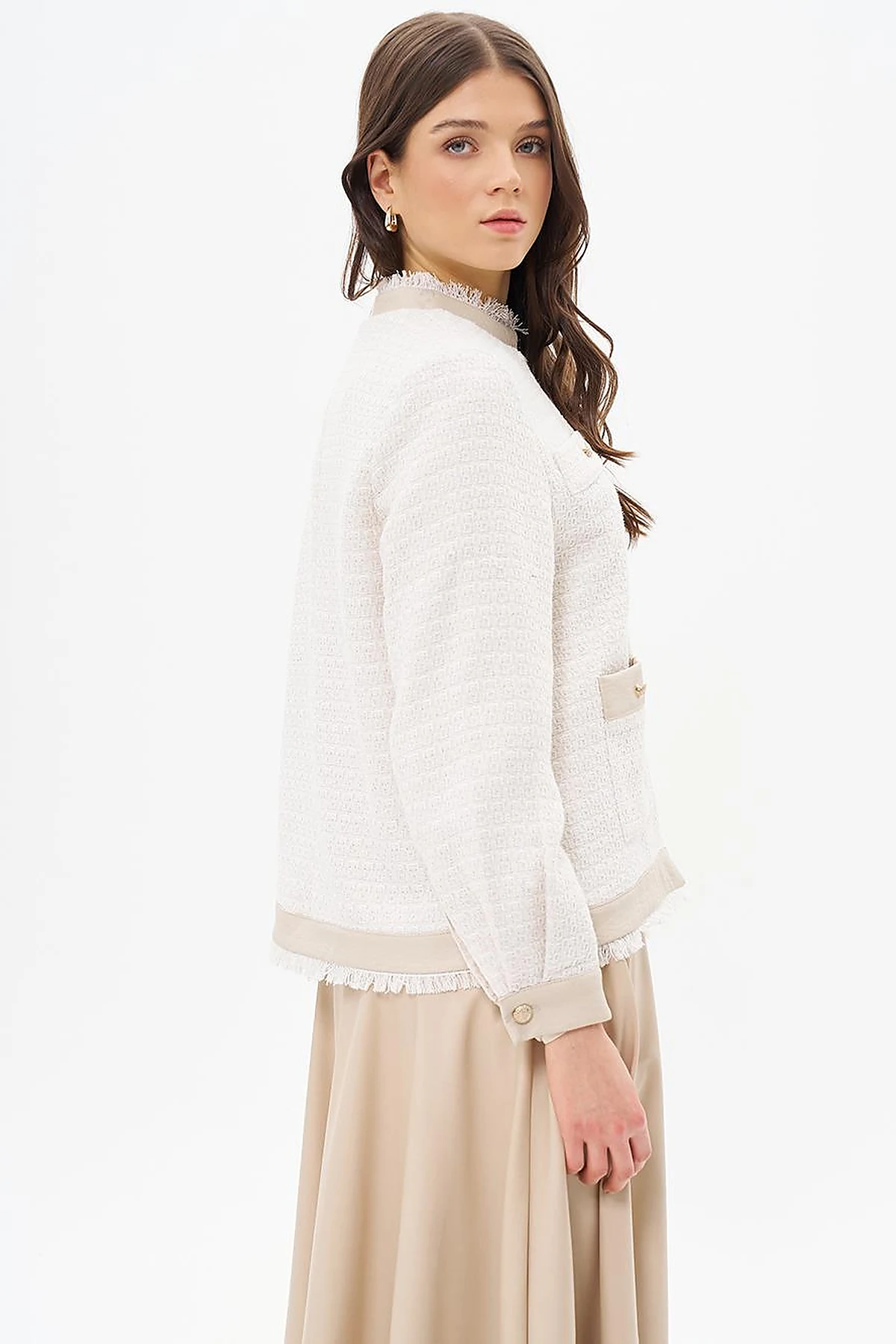  Button-Detail Textured Jacket Cream