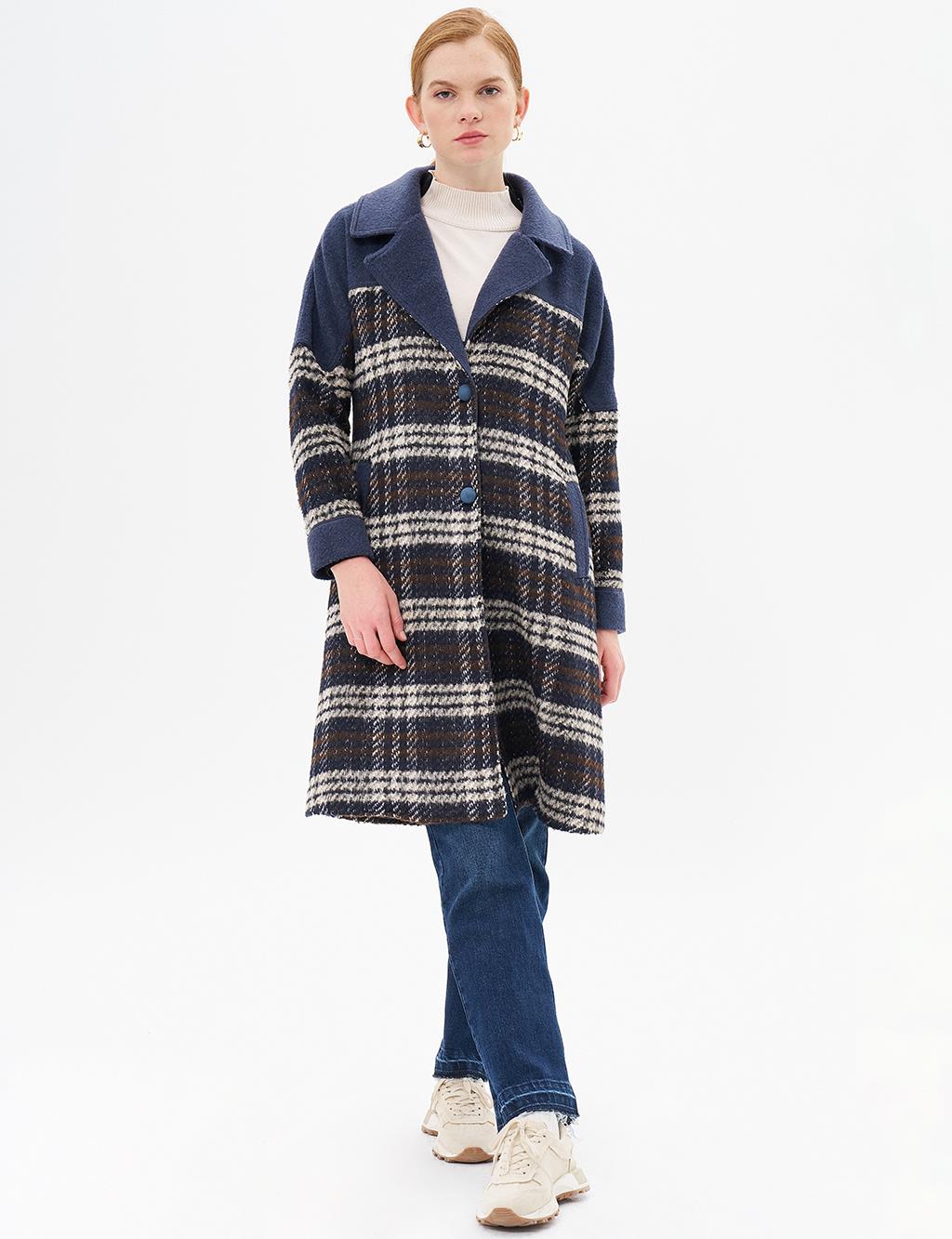 Garnished Plaid Coat Navy Blue