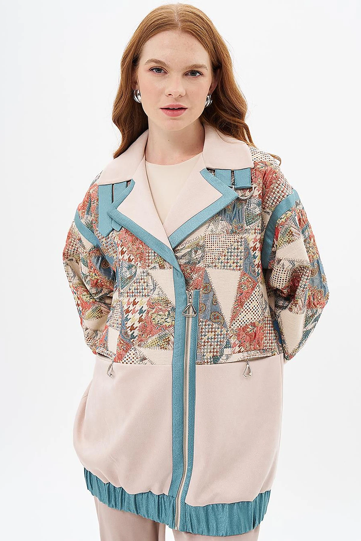Suede Garnished Jacquard Jacket Cream