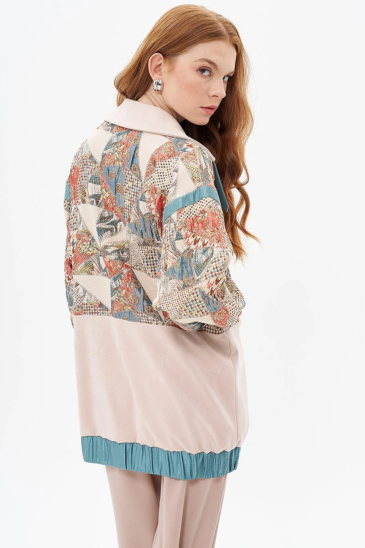 Suede Garnished Jacquard Jacket Cream