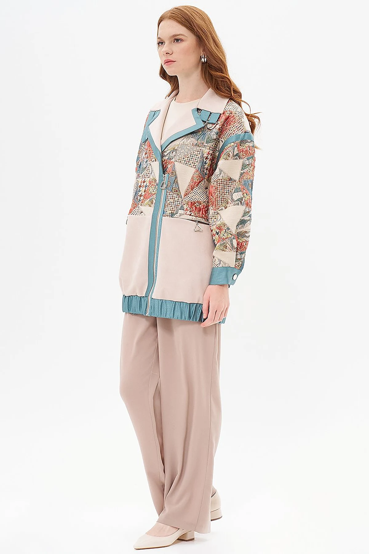 Suede Garnished Jacquard Jacket Cream