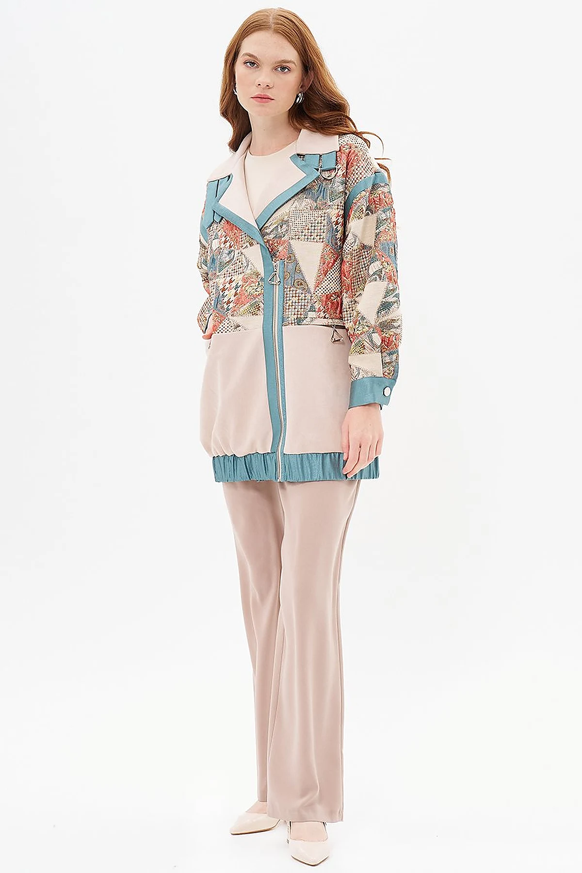 Suede Garnished Jacquard Jacket Cream