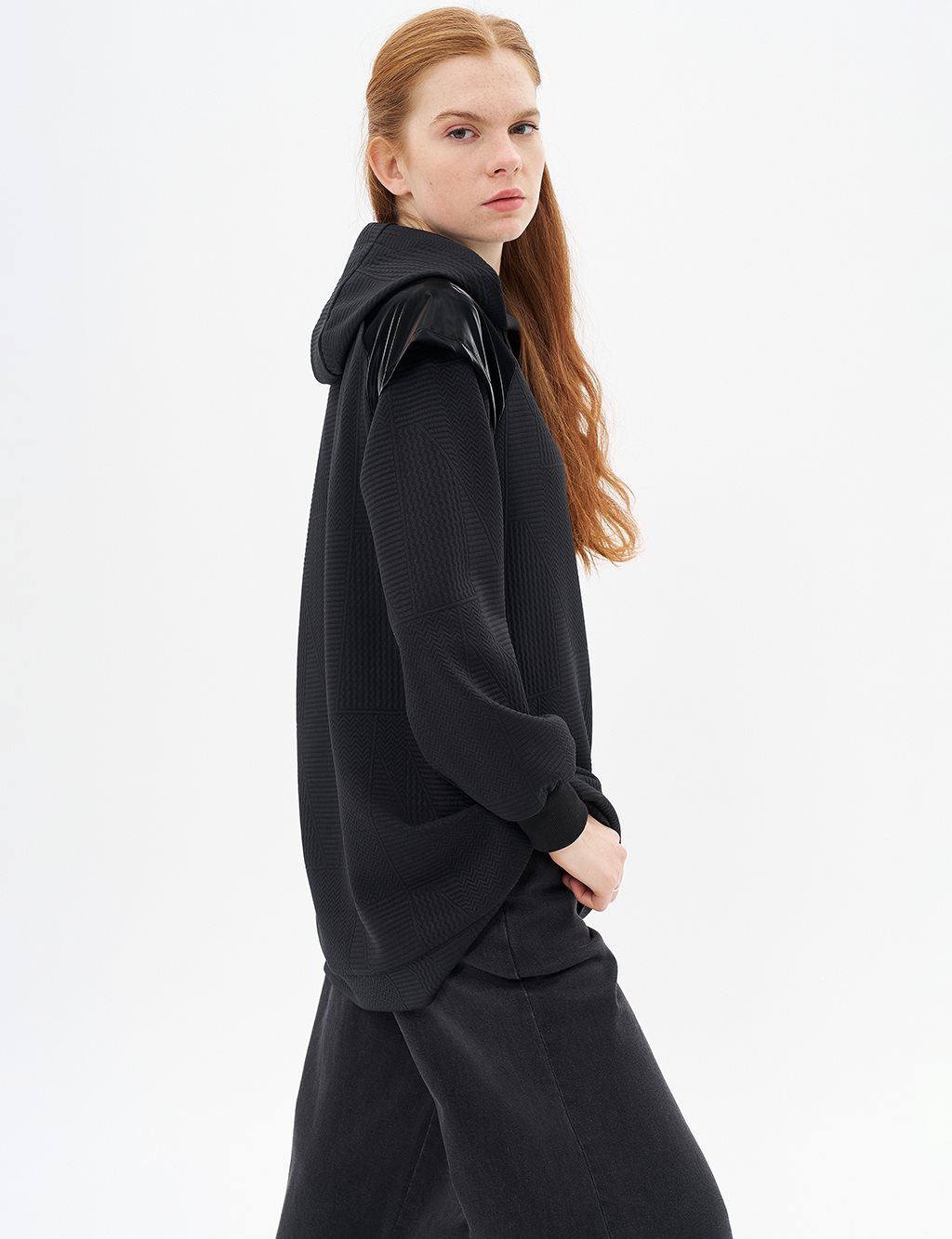 Hooded Textured Sweatshirt Black