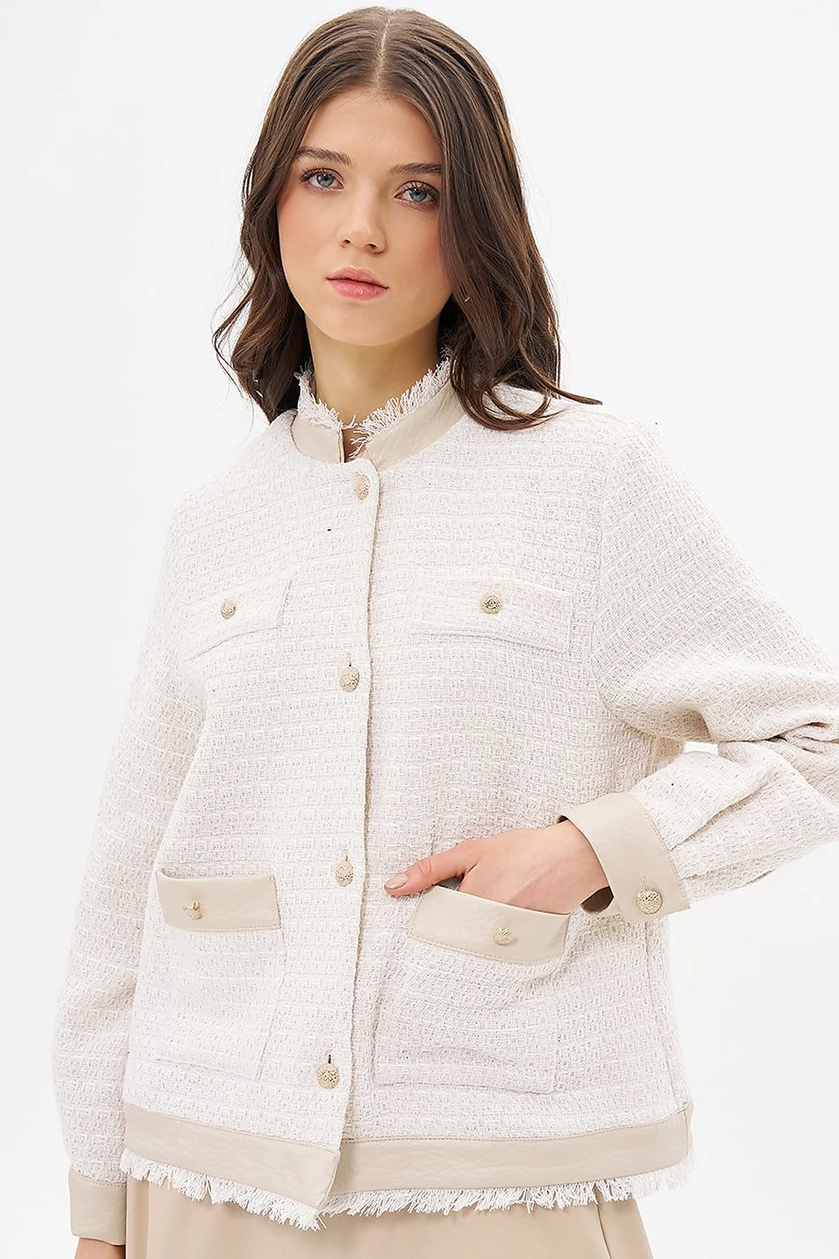  Button-Detail Textured Jacket Cream