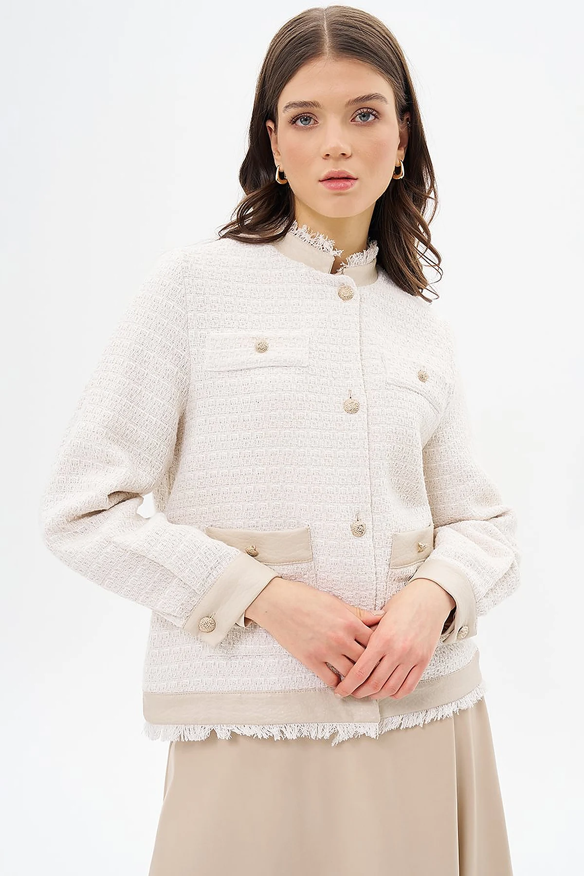  Button-Detail Textured Jacket Cream