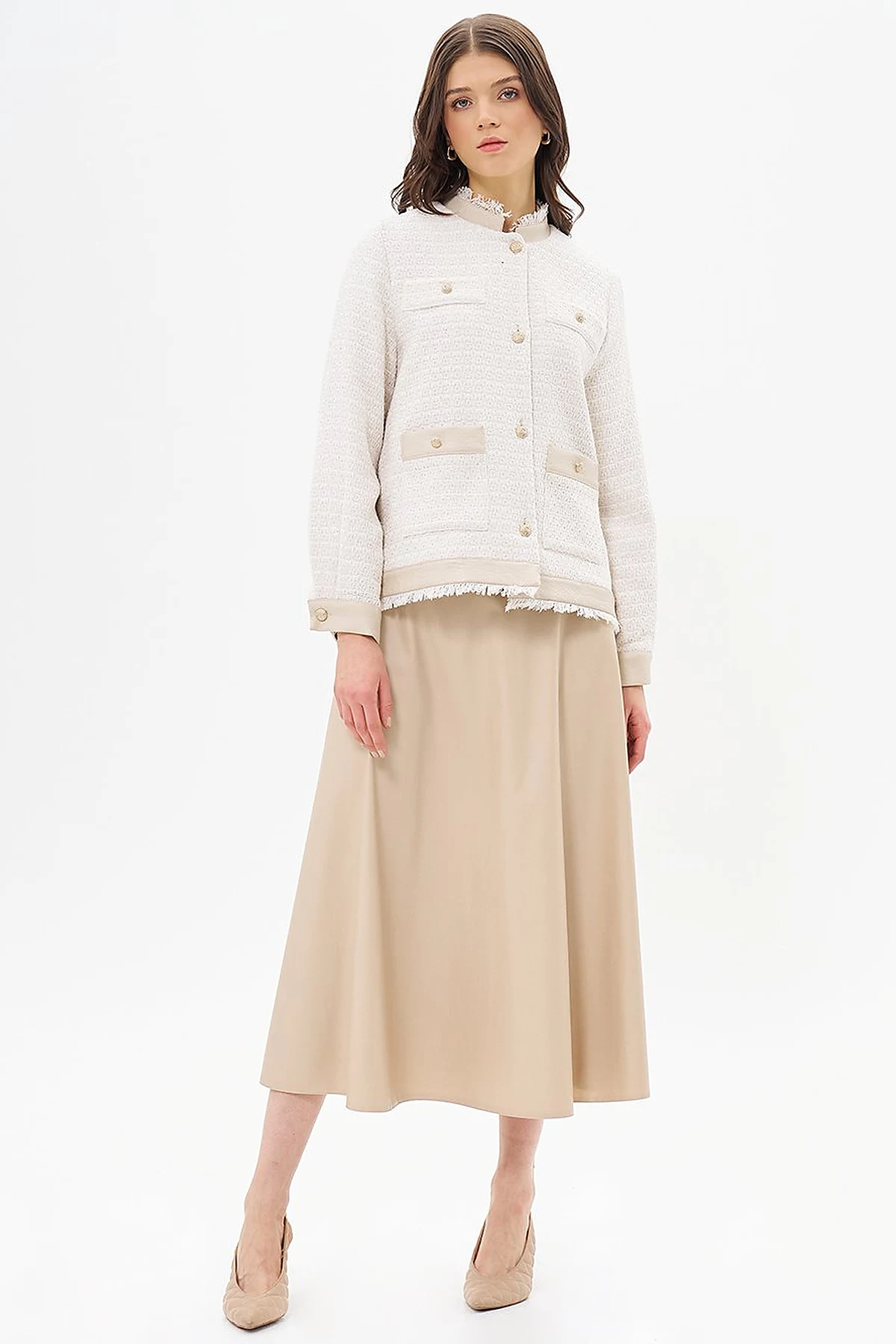  Button-Detail Textured Jacket Cream