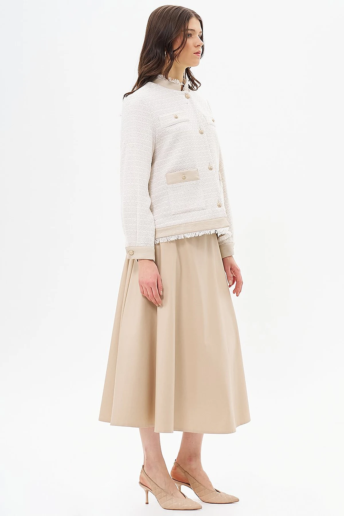  Button-Detail Textured Jacket Cream