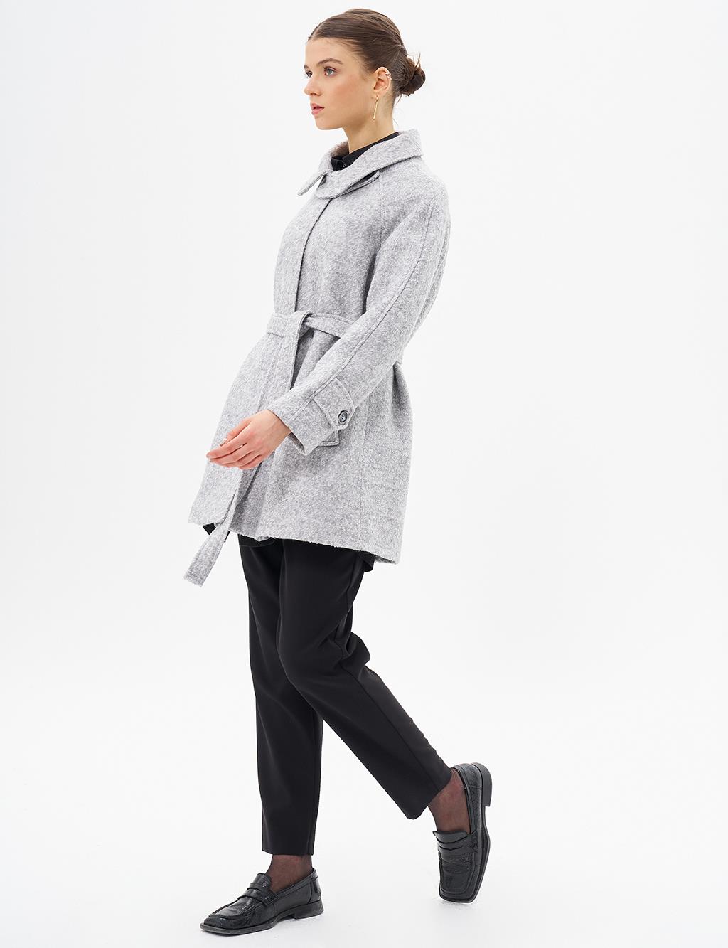 Pocket-Detail Belted Gray Coat