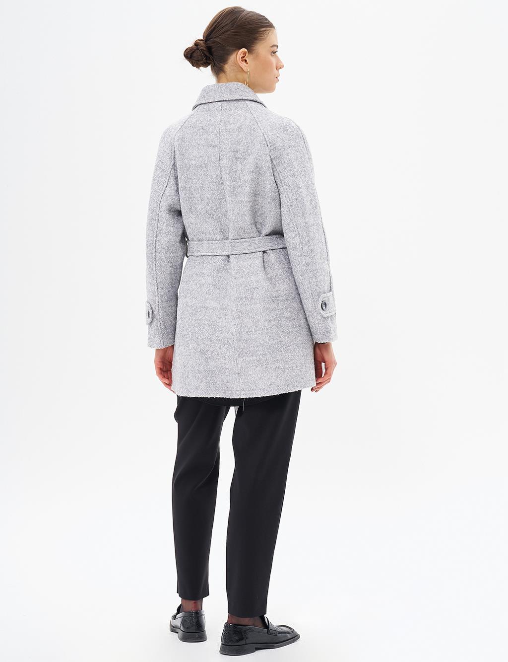 Pocket-Detail Belted Gray Coat