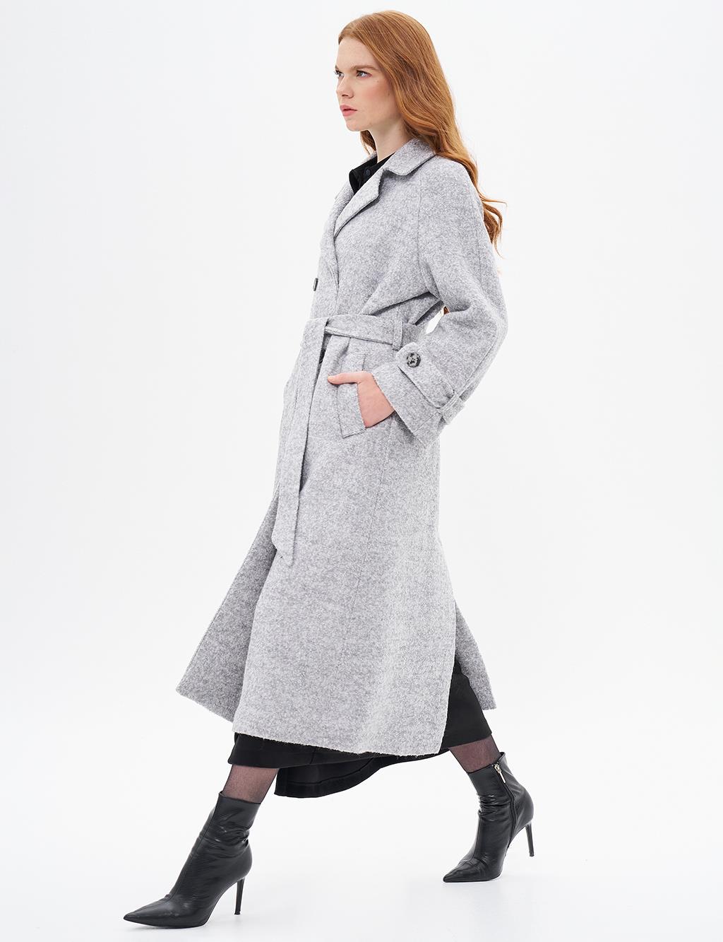 Epaulette Detailed Belted Coat Gray