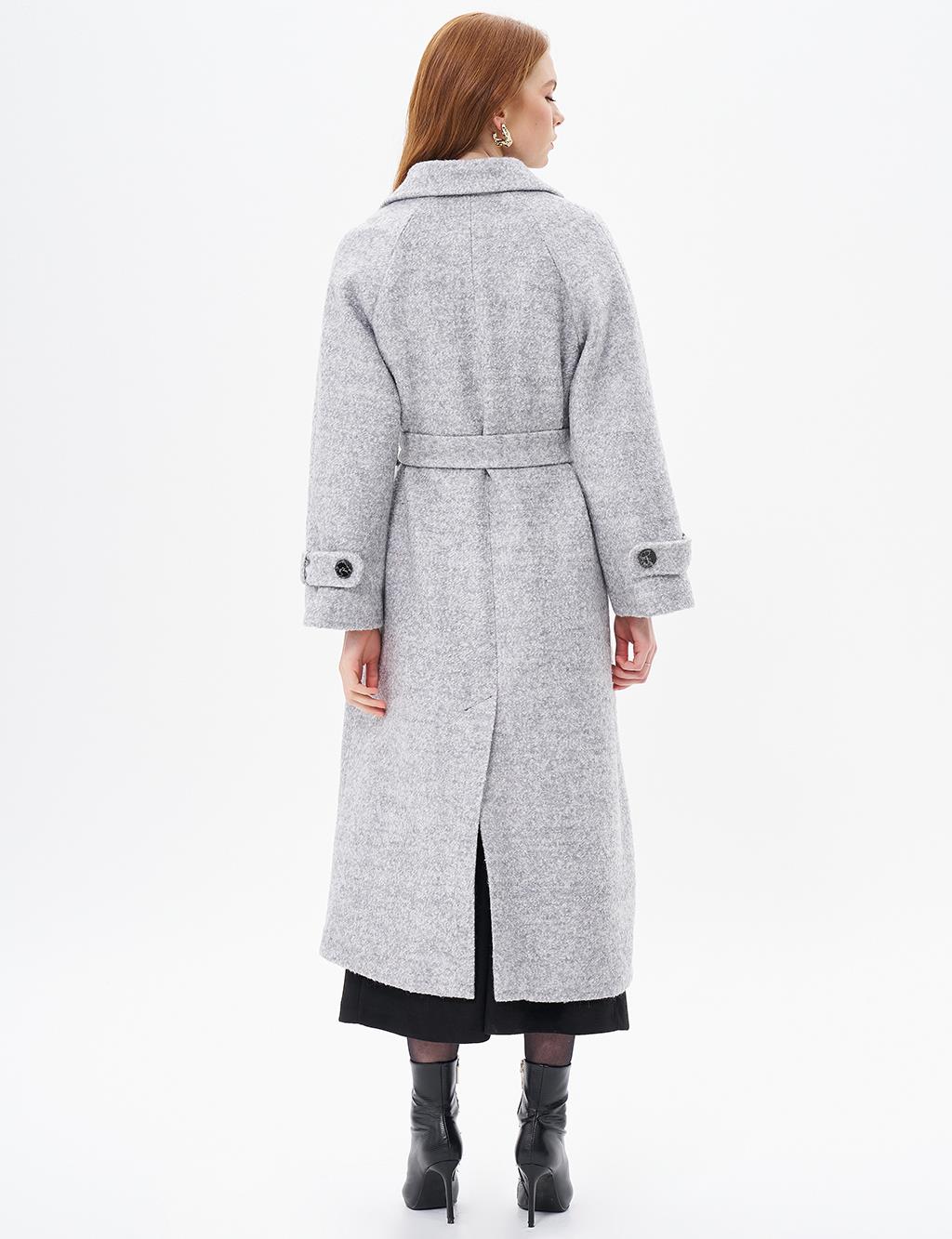 Epaulette Detailed Belted Coat Gray