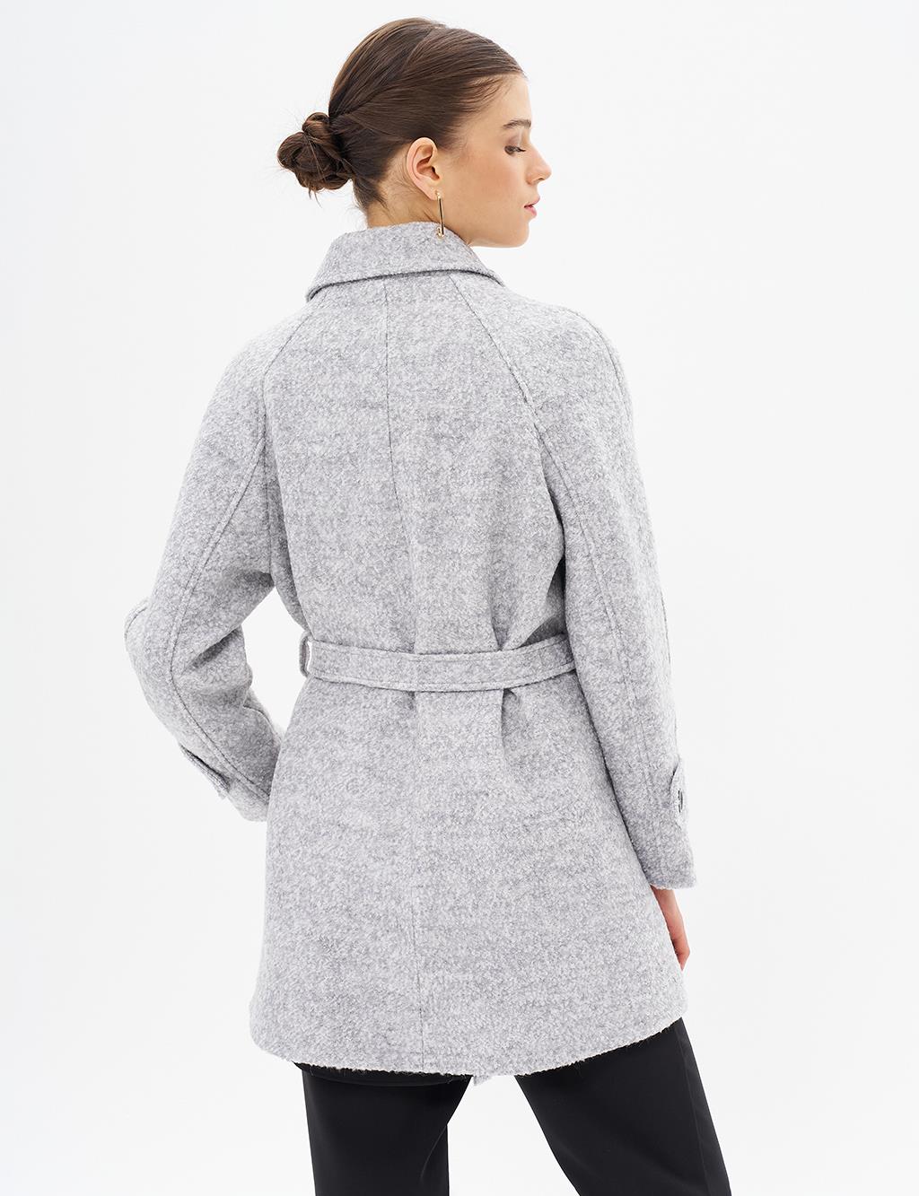 Pocket-Detail Belted Gray Coat