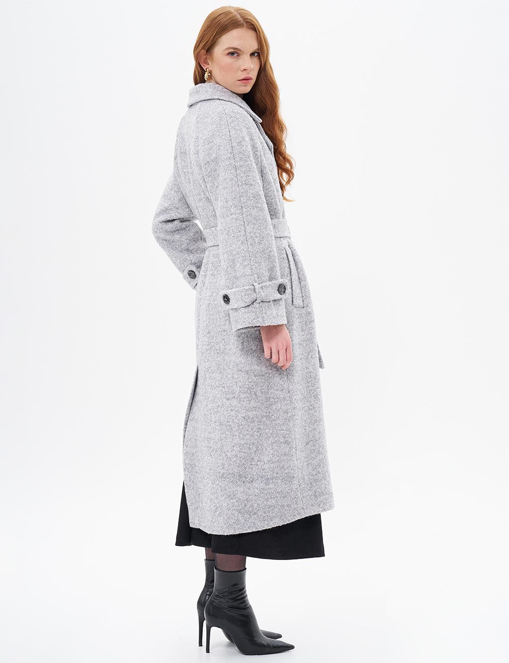 Epaulette Detailed Belted Coat Gray