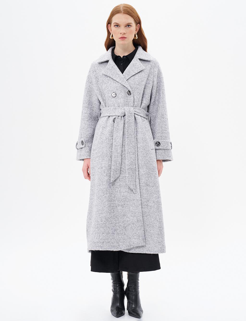 Epaulette Detailed Belted Coat Gray