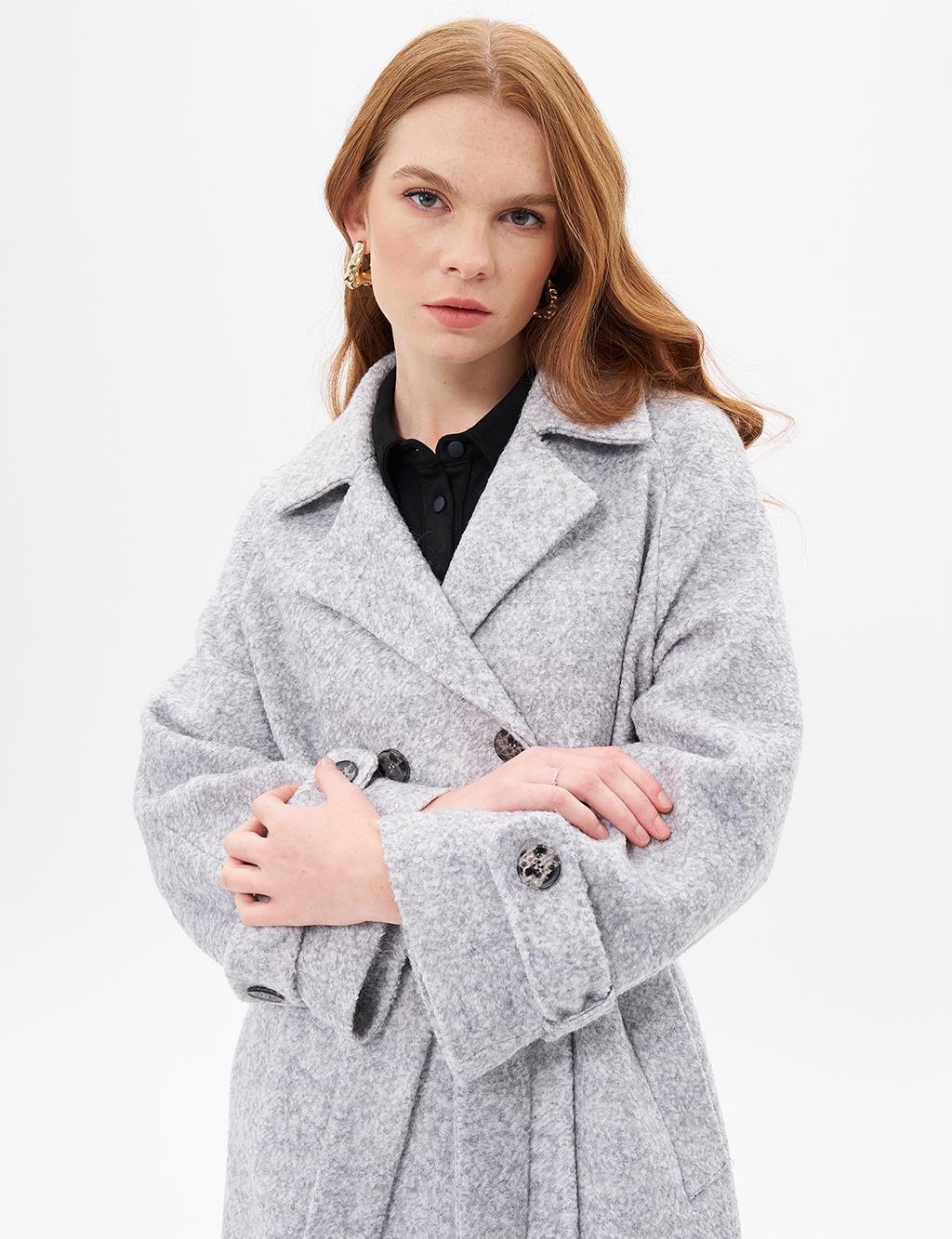 Epaulette Detailed Belted Coat Gray