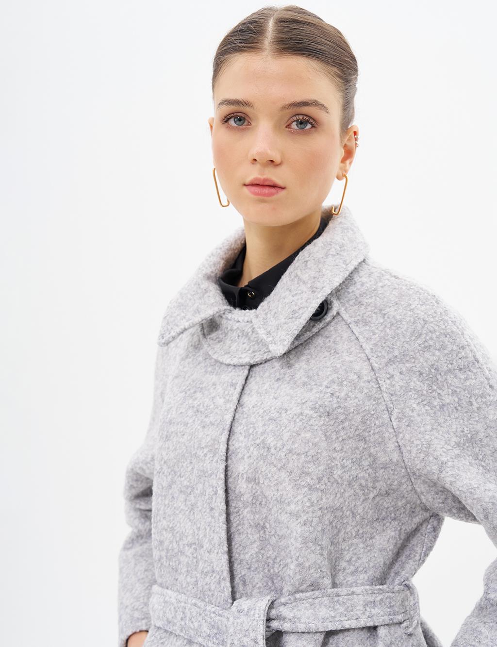 Pocket-Detail Belted Gray Coat