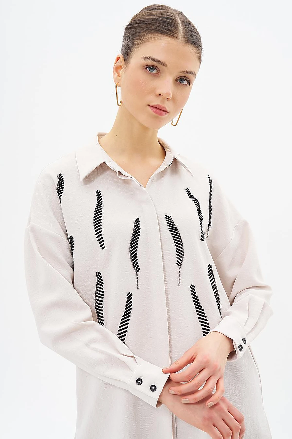 Stripe Detailed Shirt Collar Tunic Cream