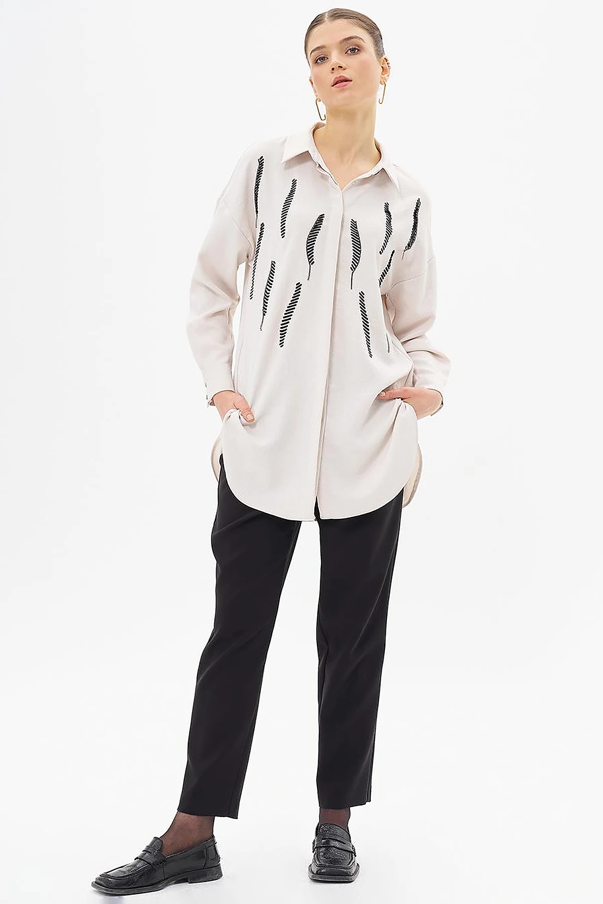Stripe Detailed Shirt Collar Tunic Cream