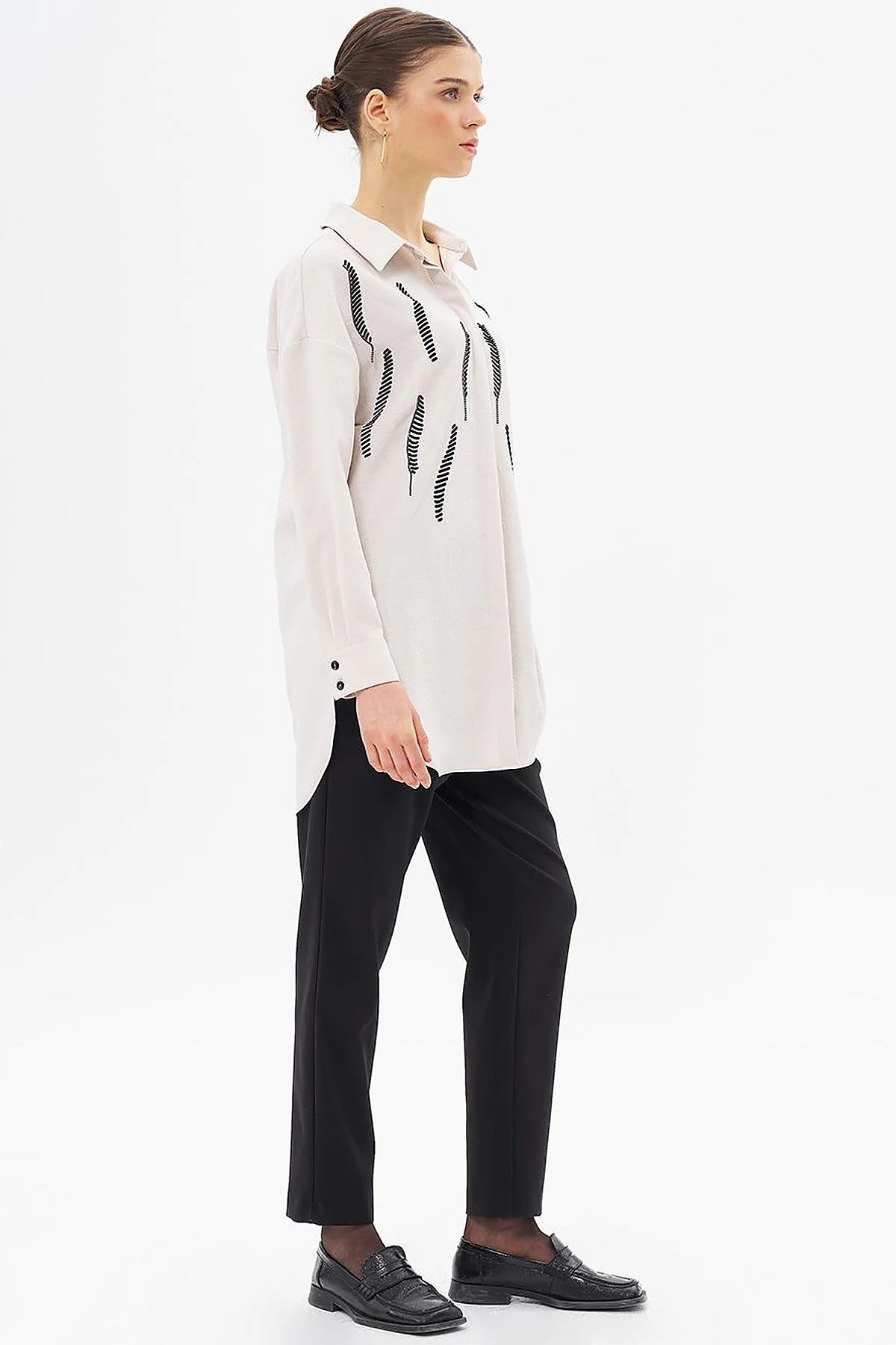 Stripe Detailed Shirt Collar Tunic Cream