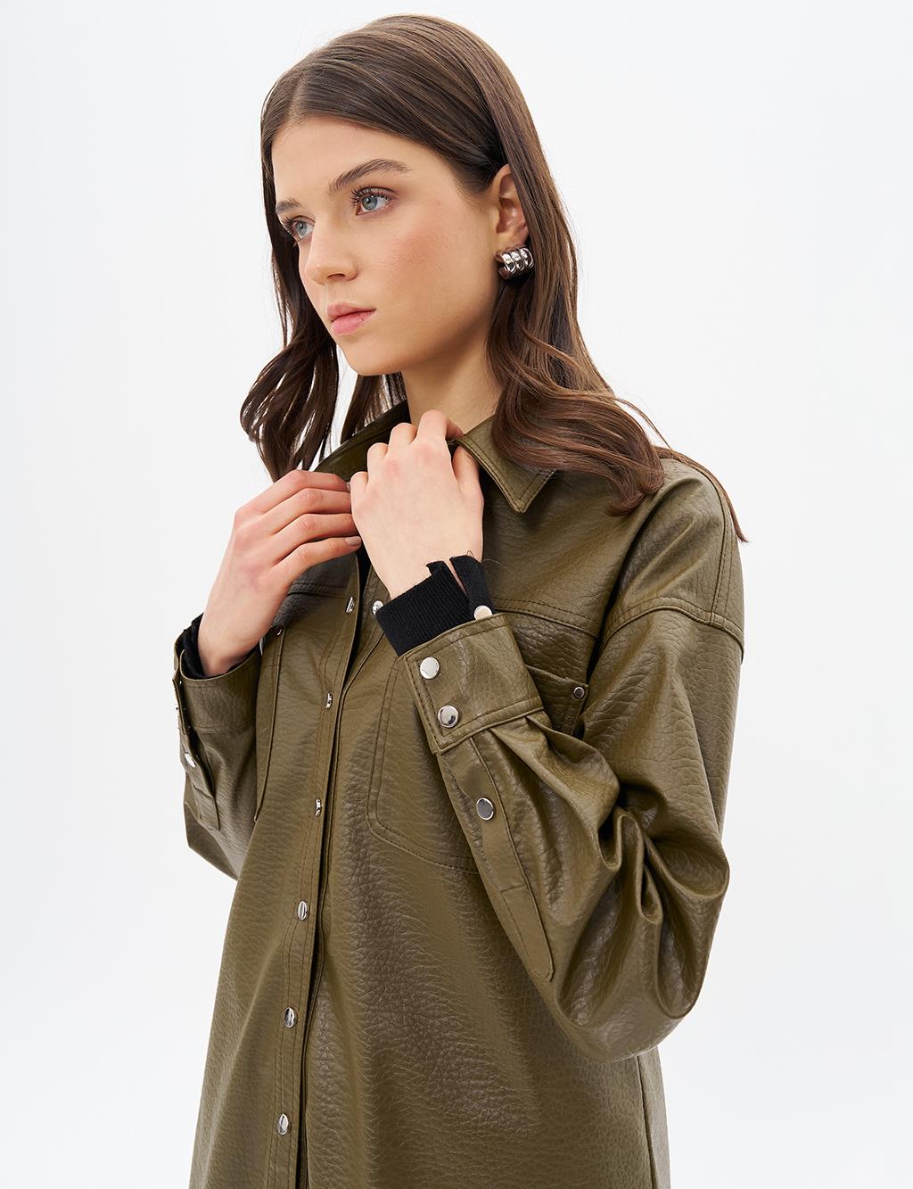 Snap Snap Faux Leather Jacket Khaki