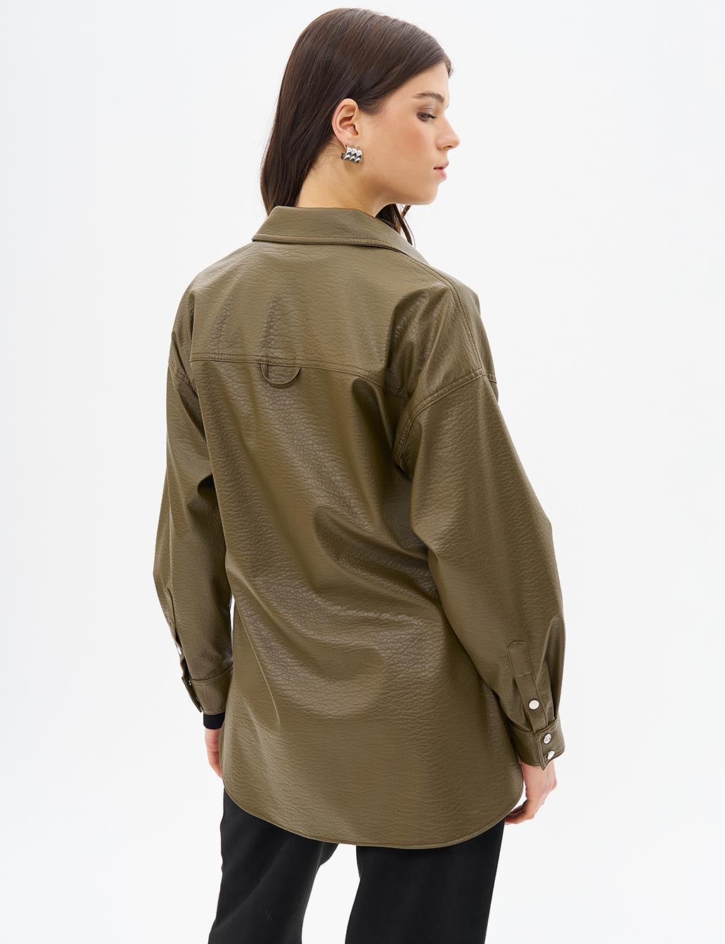 Snap Snap Faux Leather Jacket Khaki