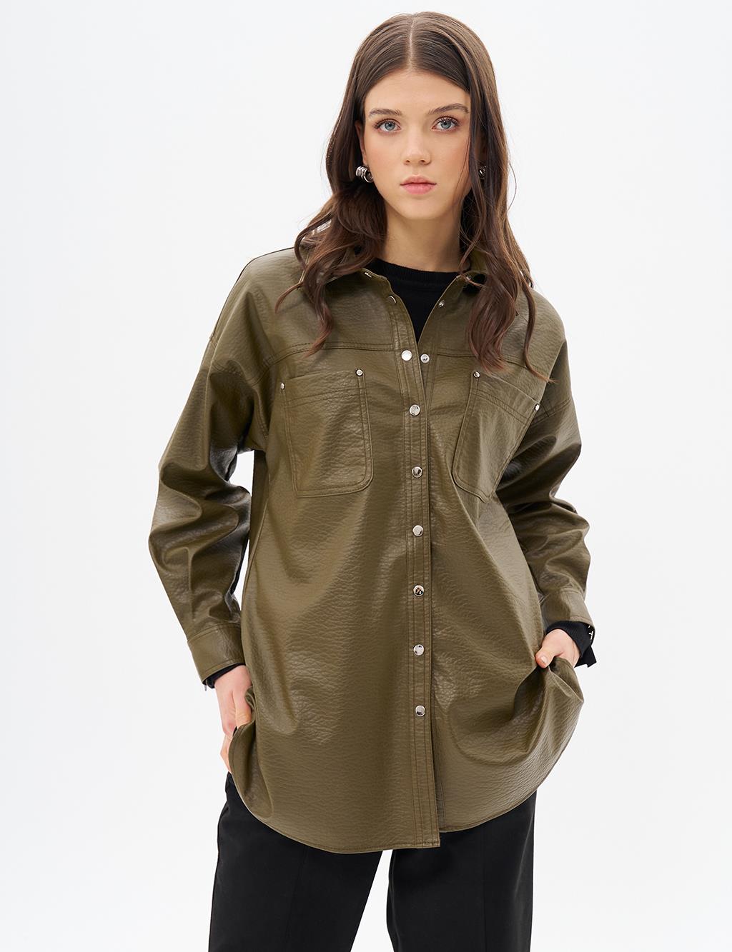 Snap Snap Faux Leather Jacket Khaki