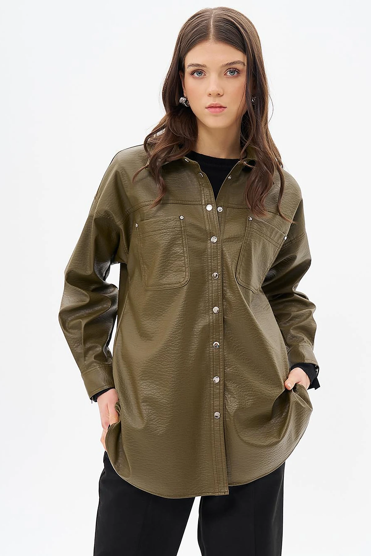 Snap Button Faux Leather Jacket Khaki