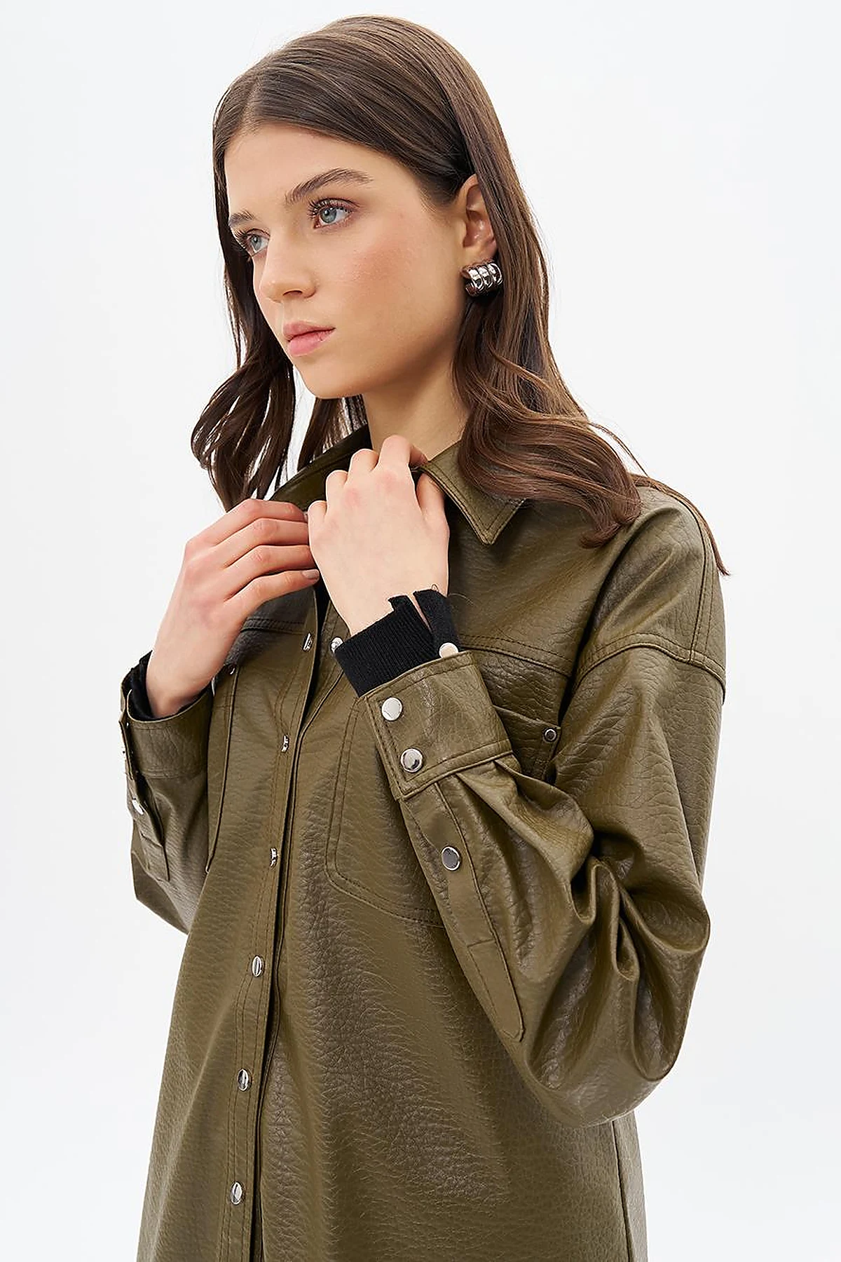 Snap Button Faux Leather Jacket Khaki