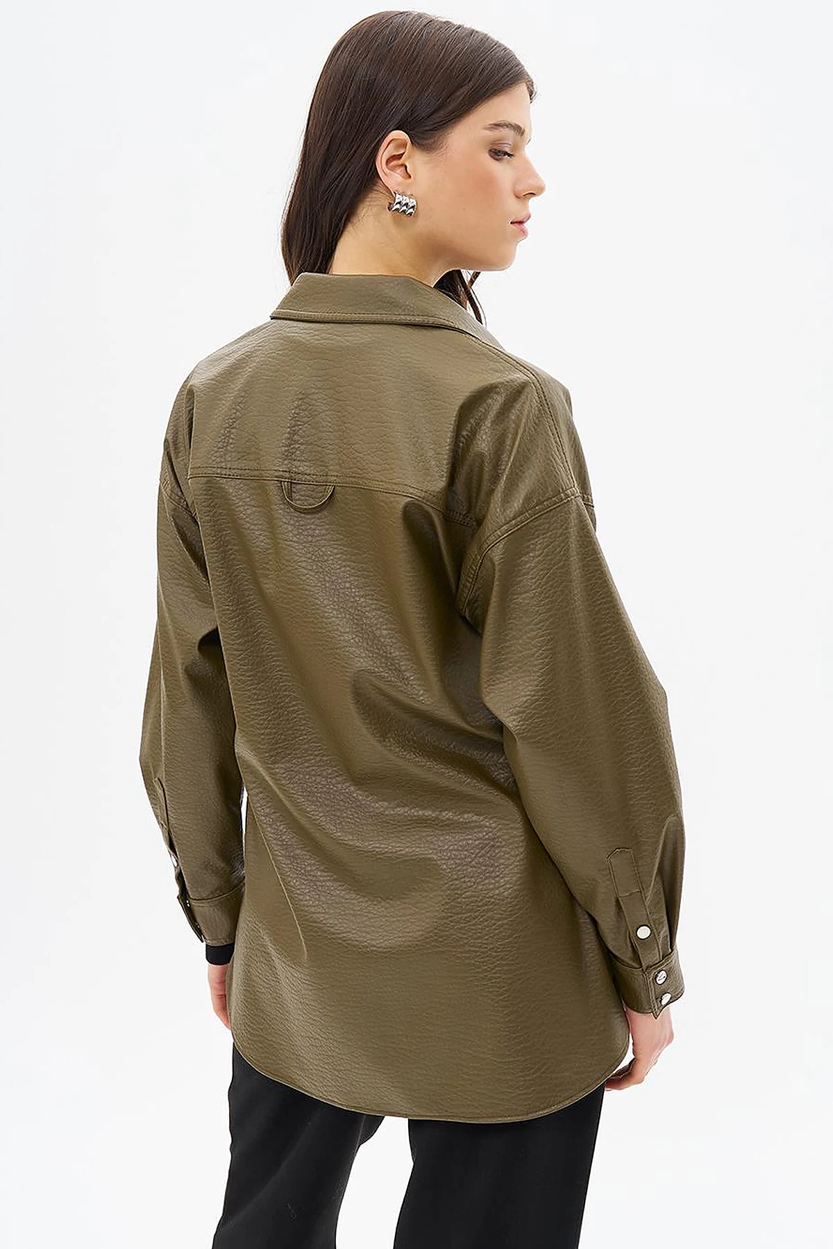 Snap Button Faux Leather Jacket Khaki
