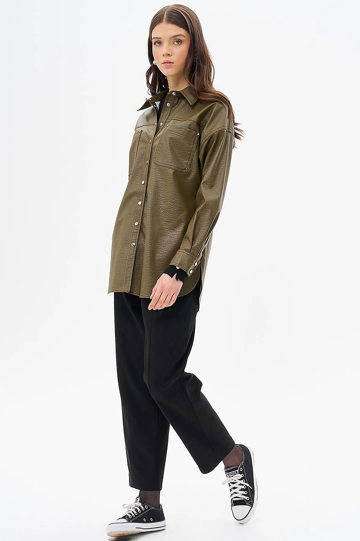 Snap Button Faux Leather Jacket Khaki