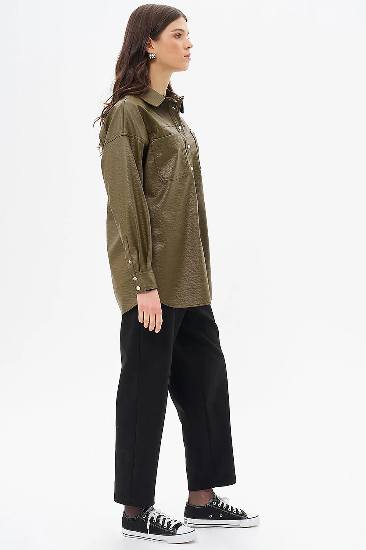 Snap Button Faux Leather Jacket Khaki