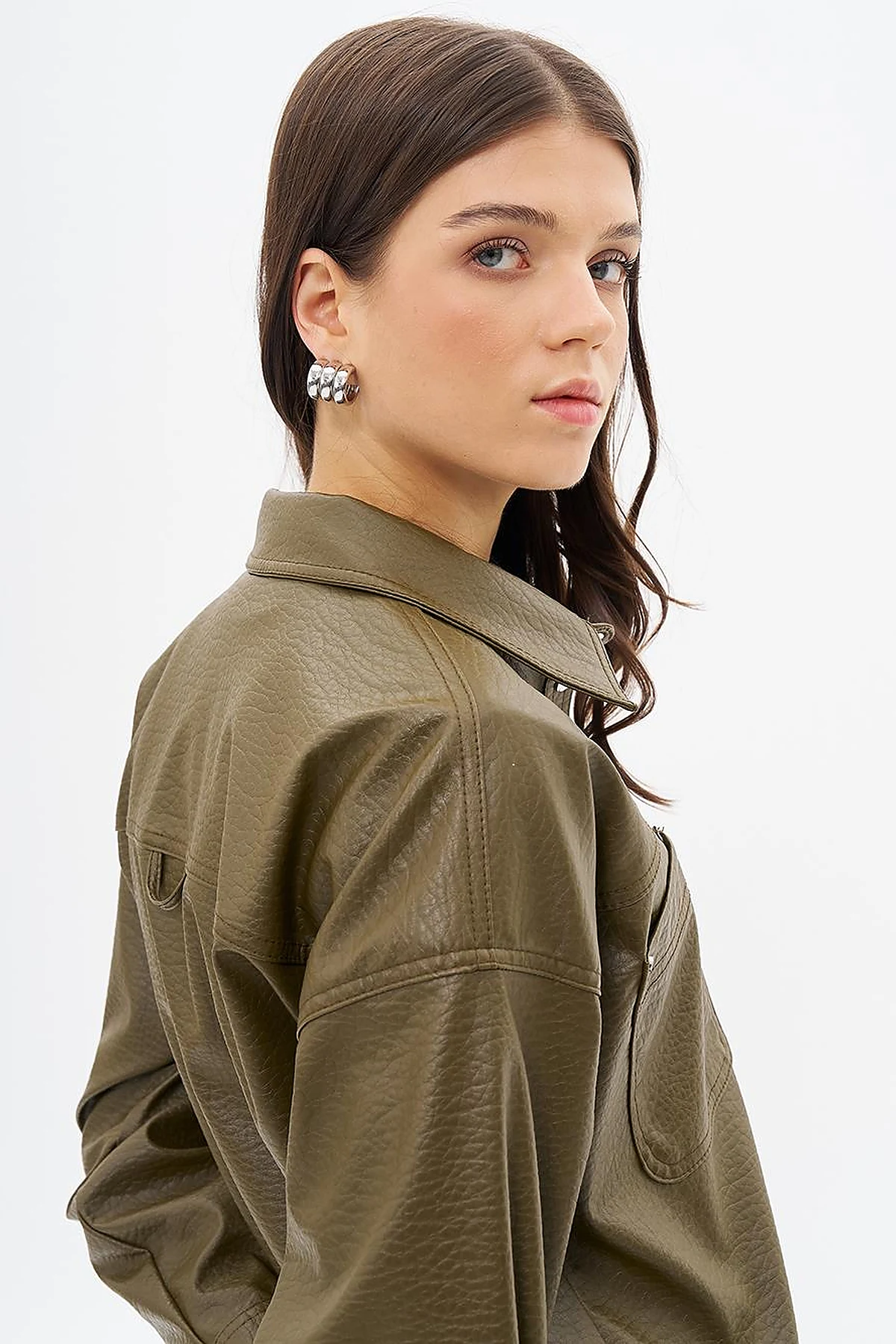 Snap Button Faux Leather Jacket Khaki