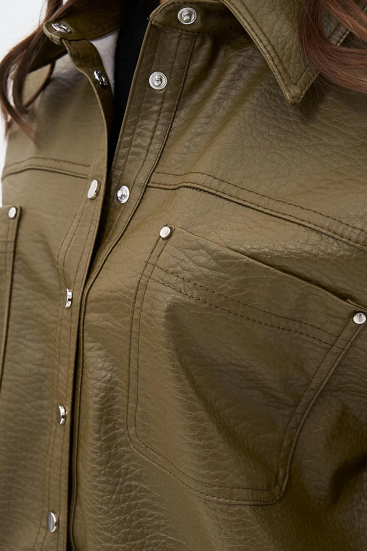 Snap Button Faux Leather Jacket Khaki