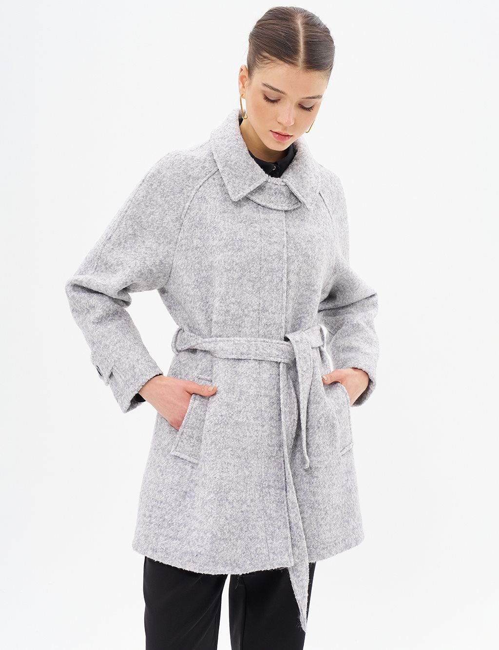 Pocket-Detail Belted Gray Coat